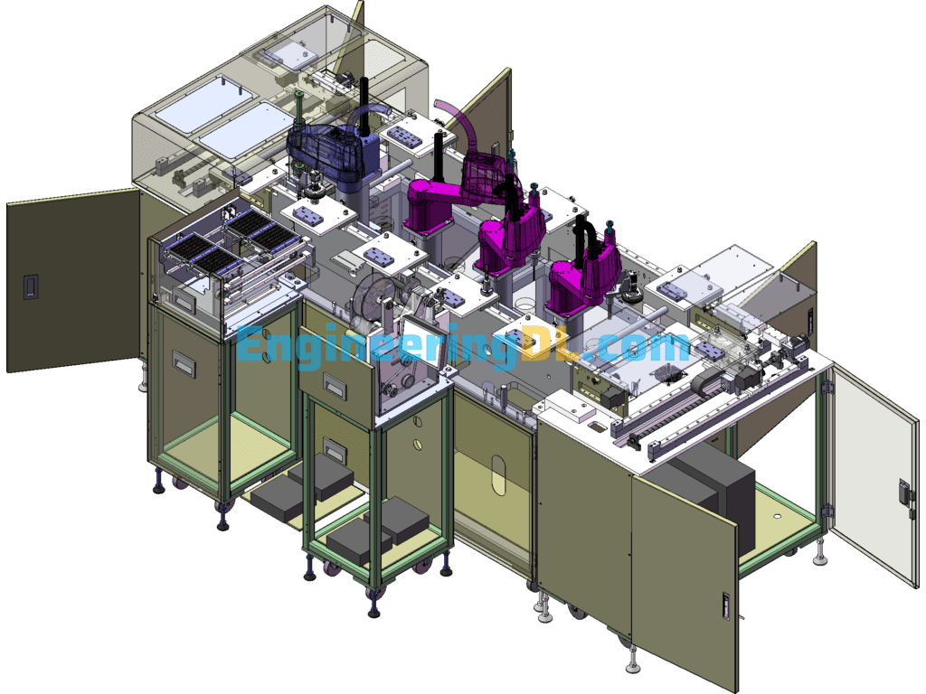 Automatic Linear Cycle Production Line (Labeling-Assembly-Testing) SolidWorks Free Download